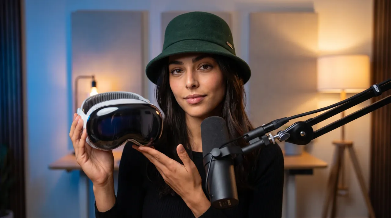 Maya at her podcast desk, holding up a headset beside the microphone