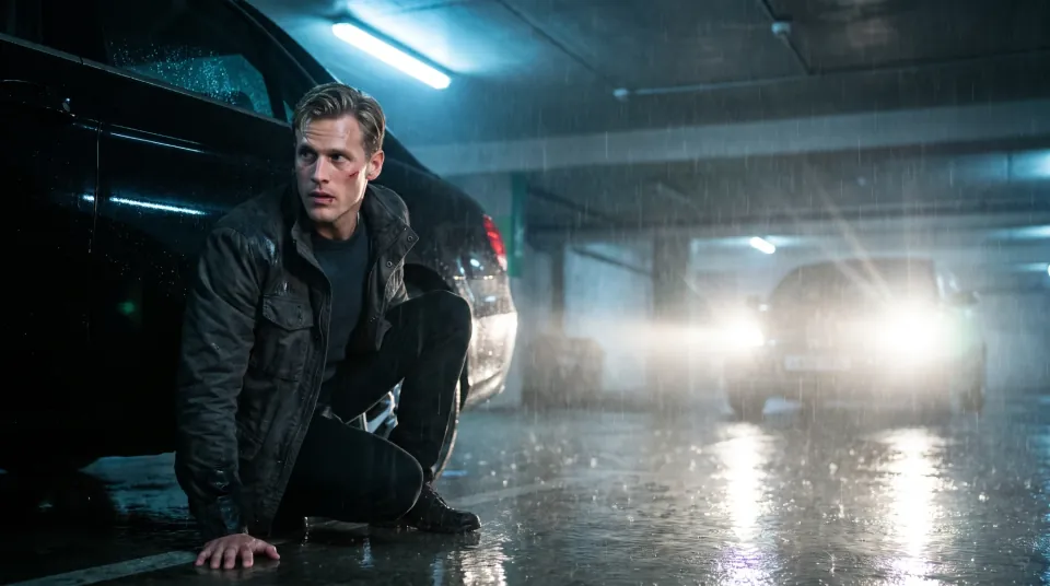 Theo in a rain-soaked parking garage at night