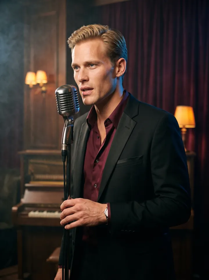 Theo singing at a microphone in a jazz club