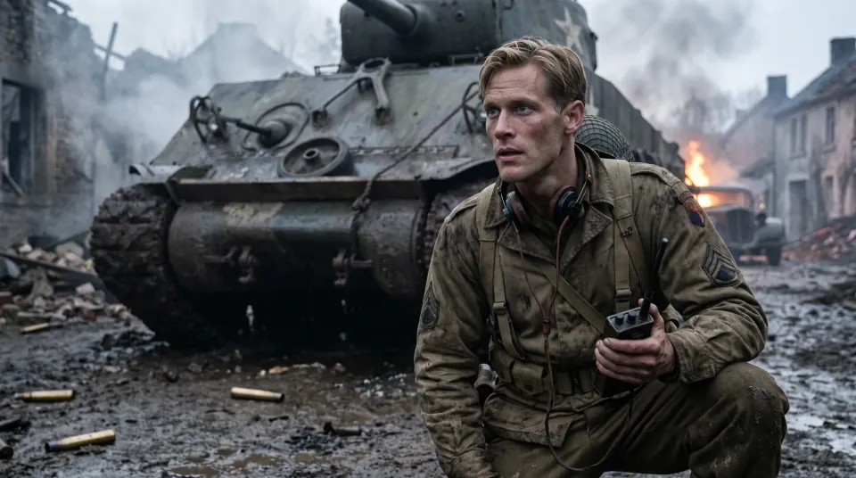 Theo as a soldier crouching beside a tank